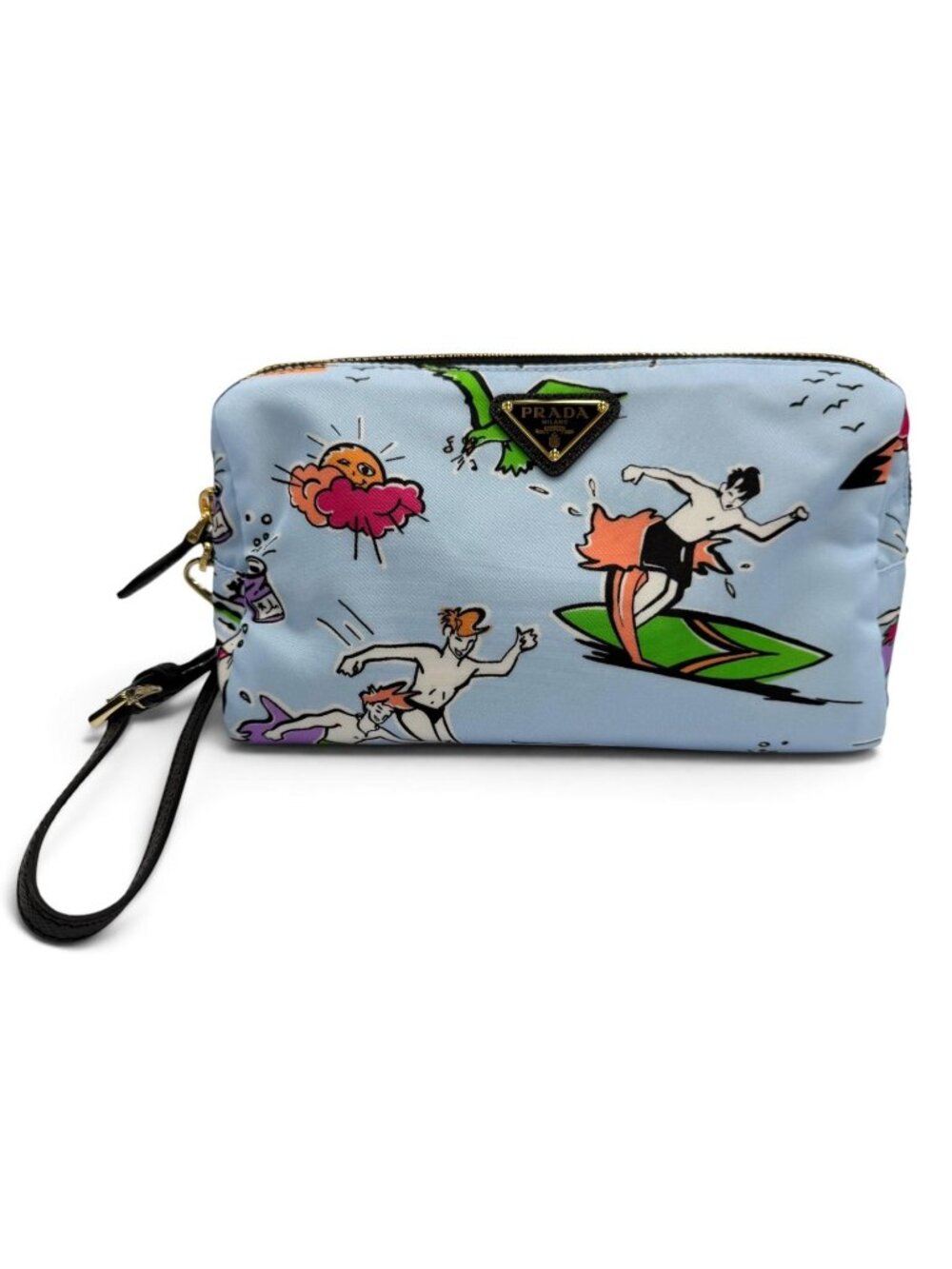 Prada Triangle Logo Re-Nylon Surf Print Makeup Pouch Blue with Wristlet